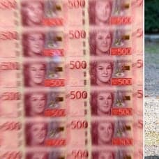 Stort antal 500-kronorssedlar och en manlig pensionär som spelar boule.