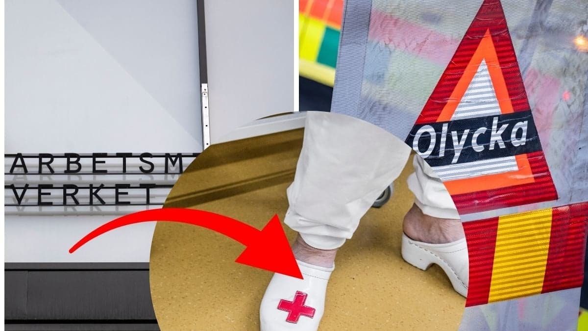 Bild av arbetsmiljöverket, olyckaskylt och sjuksköterska. 