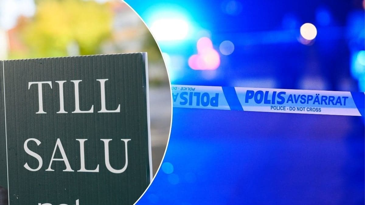 Bilder på mäklarskylt och polisavspärrning.