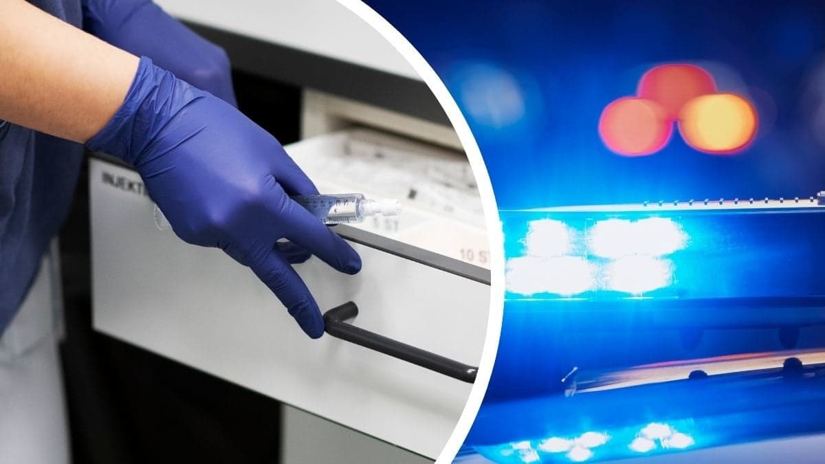 Sjukhuspersonals handske vänster, blåljus höger.