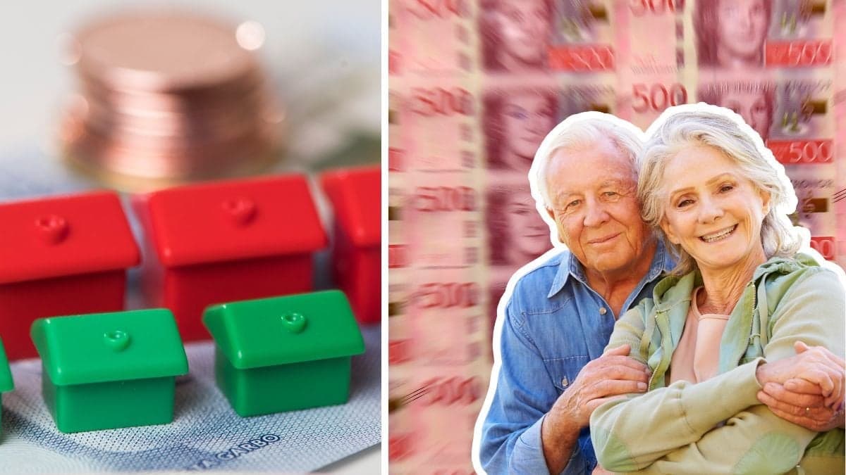 Hus, pengar och ett par som håller om varandra.