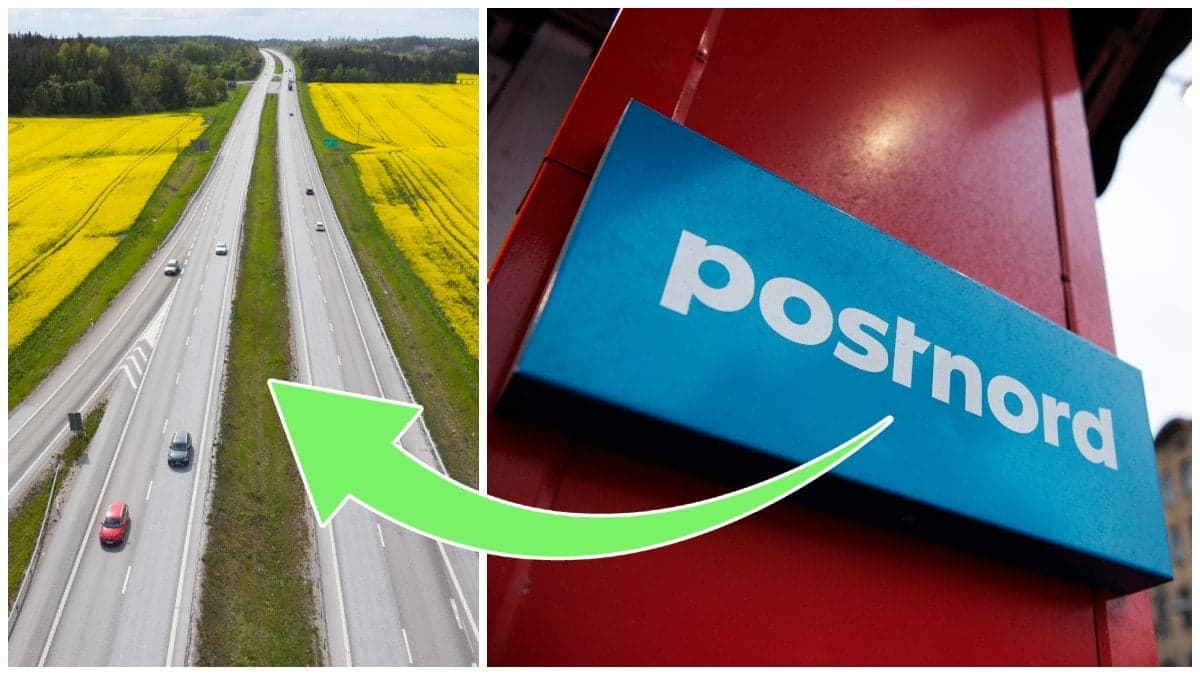 Motorväg intill rapsfält och en Postnord-skylt