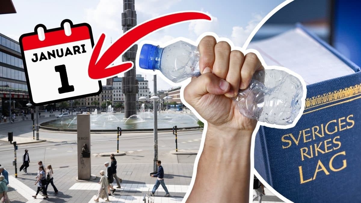 Personer vid Sergelstorg, hand med plastflaska och en svensk lagbok