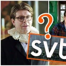 Rickard Thunér, SVT:s logga på en fasad och Rickard Thunér tillsammans med Erika Åberg