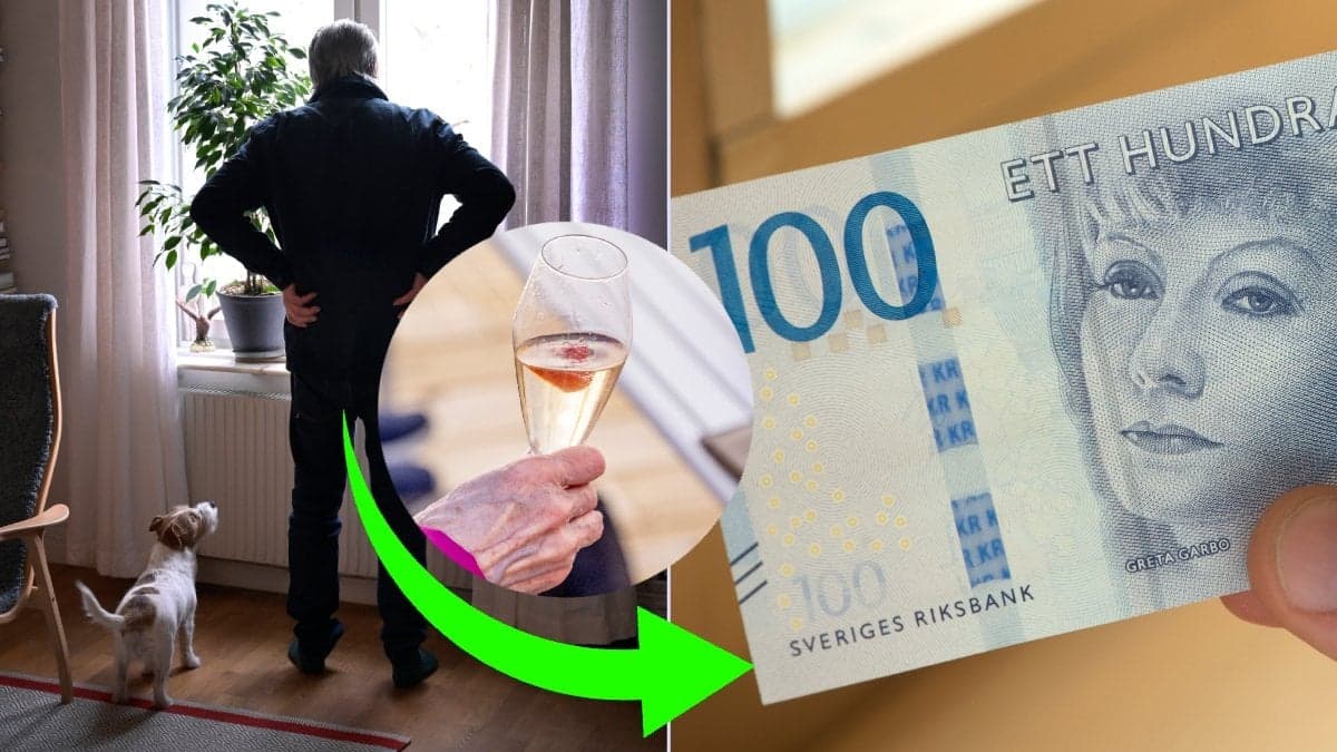 Man vid fönster, bubbelglas och pengar.