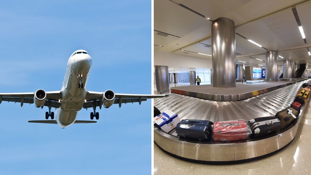 Flygplan och bagageutlämning på en flygplats.