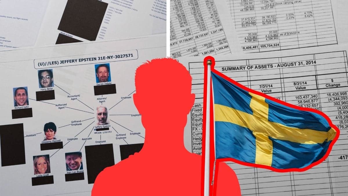 Jeffrey Epstein-dokument höger och vänster. Röd manlig siluett utklippt i mitten. Bredvid siluetten är en utklippt svensk flagga.