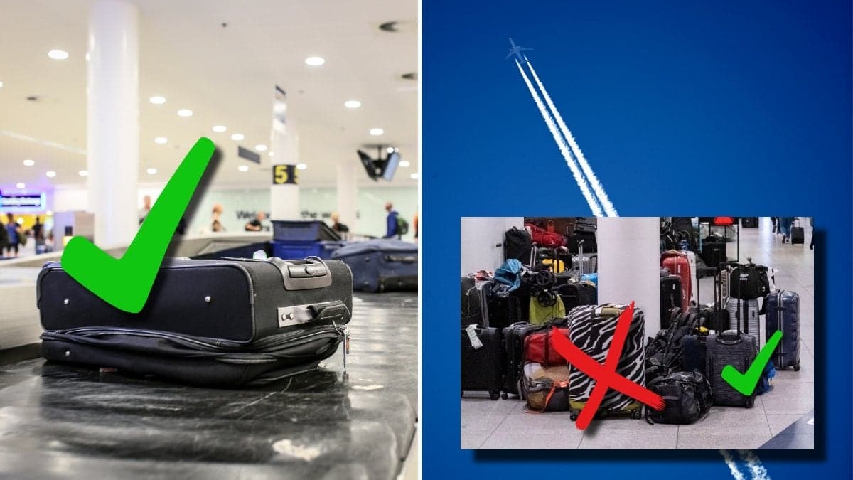 En resväska på ett rullband och ett större antal resväskor i klunga på en flygplats.