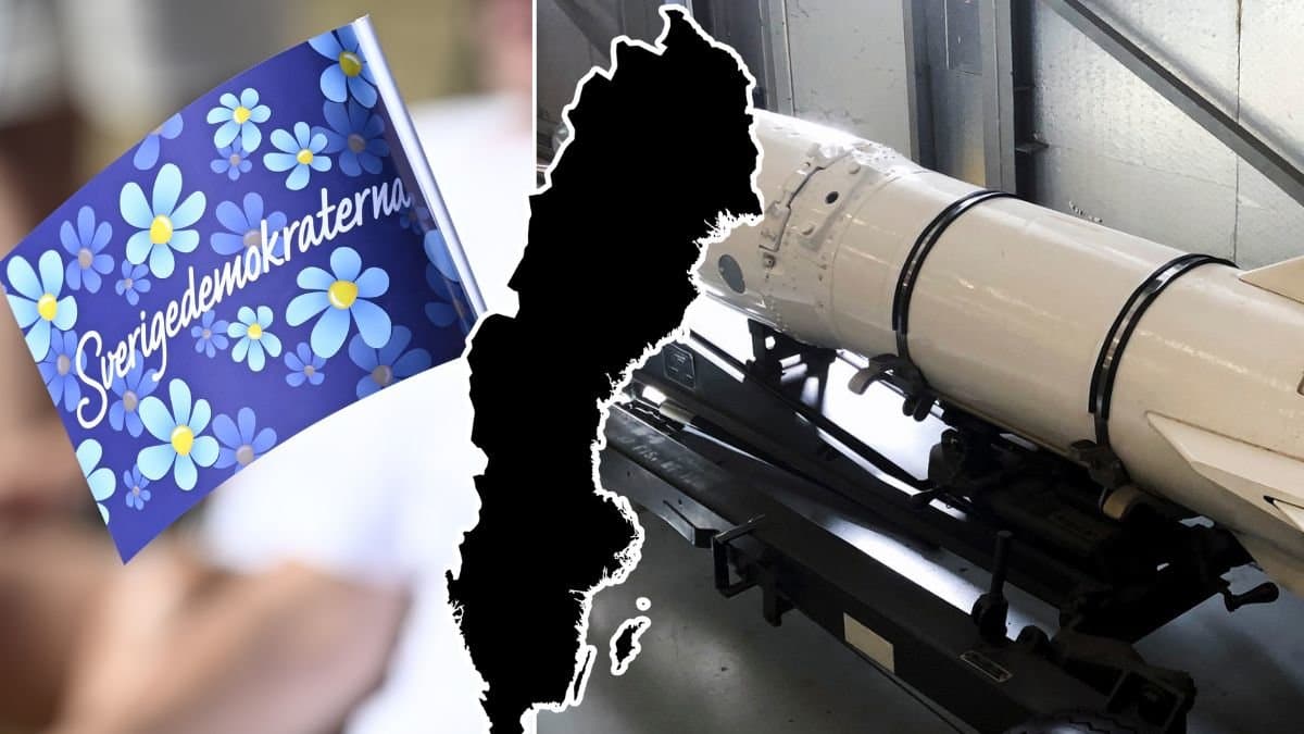 SD-flagga, kärnvapen-robot och en Sveriges karta.