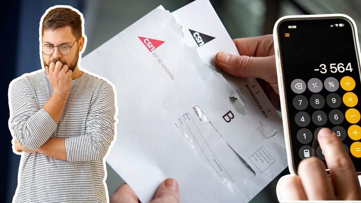 Man som funderar, kuvert från CSN och en mobil med miniräknare.