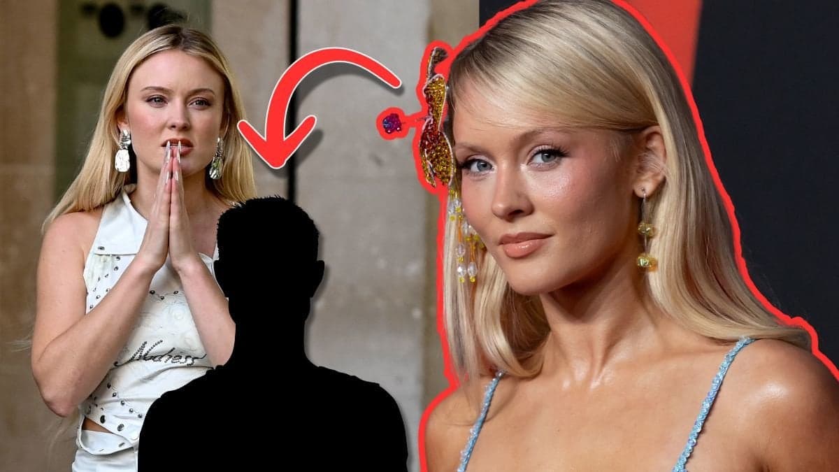 Bild till vänster på Zara Larsson klädd i ljusbeige outfit. Zaras händer hålls ihop framför ansiktet med ett chockat ansiktsuttryck. Över bilden till vänster är en svart siluett på en man. Bild till höger på Zara Larsson på röda mattan iklädd glittrig outfit med en blomma i håret. En röd pil pikar på bilden på Zara till höger till den svarta siluetten av en man. 