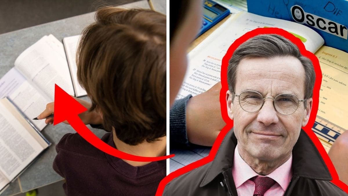 Barn vid skolbänk vänster. Linjal och papper på skolbänk höger. Ulf Kristersson i mitten.