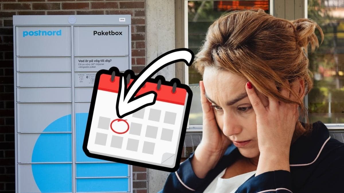 Postnord-paketbox och en kvinna som håller sig för ansiktet