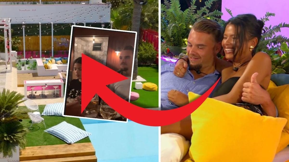 Poolen och trädgården i Love Island-villan och Charlie och Elin håller om varandra på en solsäng