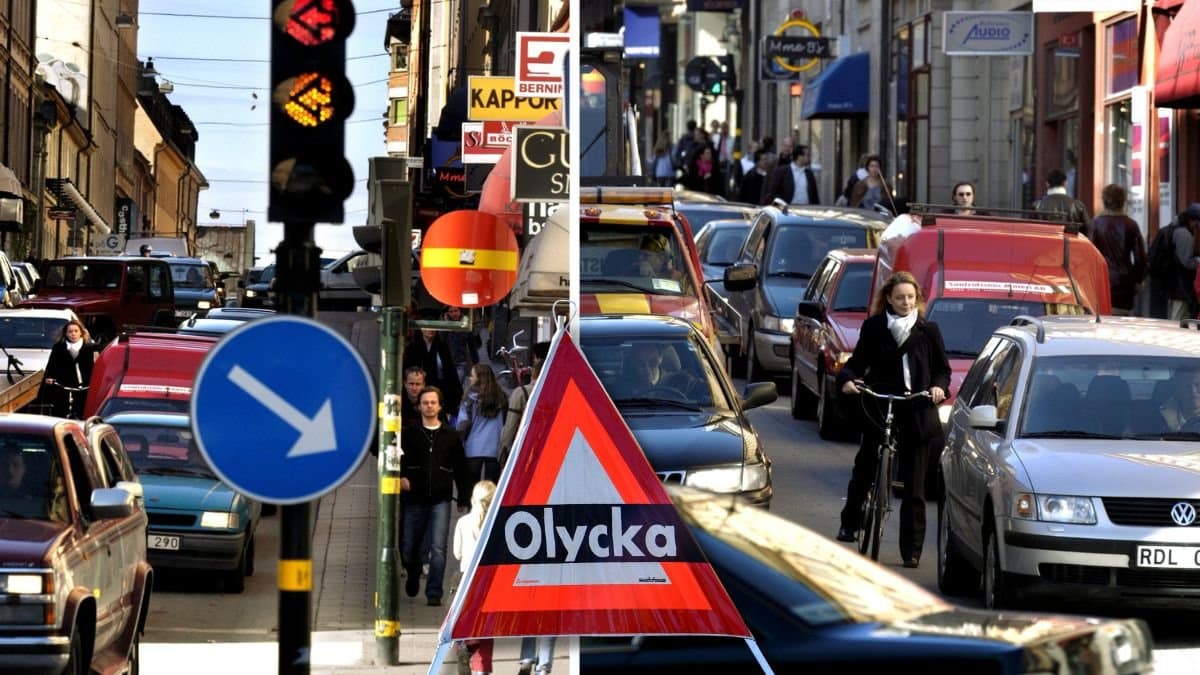 Trafik i stan och cyklist.