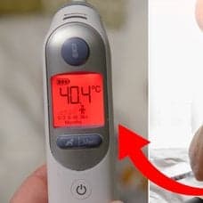 Bild på febertermometer och en äldre dam med huvudvärk.