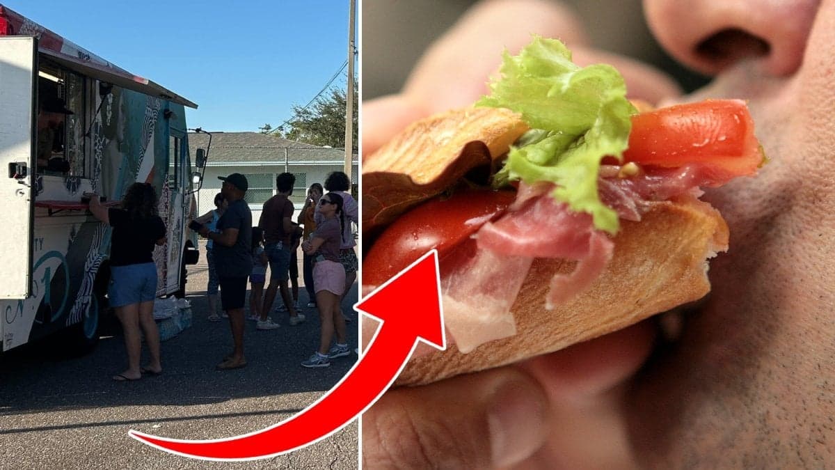 Bilder på en kö till en foodtruck en en person som äter en smörgås.
