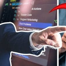 AI-chatt i bakgrunden vänster. En hand som pekar till vänster utklippt. En person som chattar med AI på mobilen till höger.