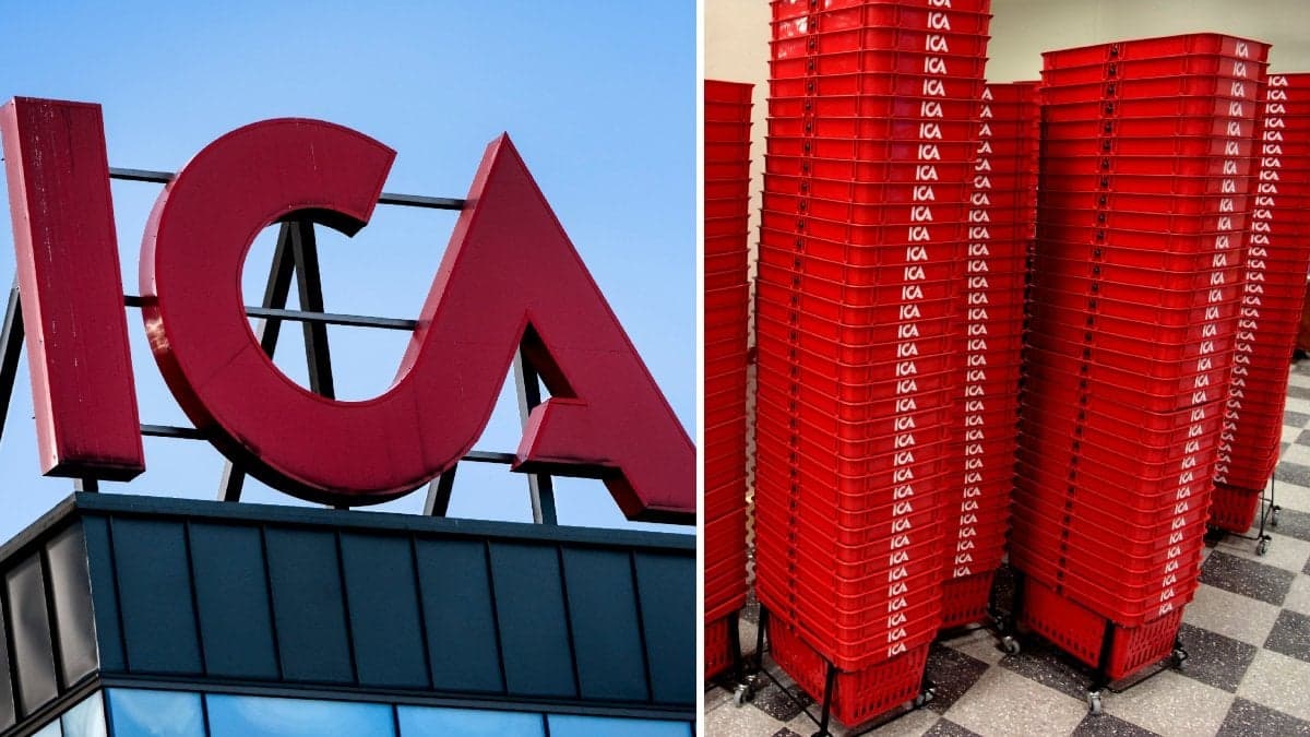 Bilder på Icas kundkorgar och en Ica-skylt.