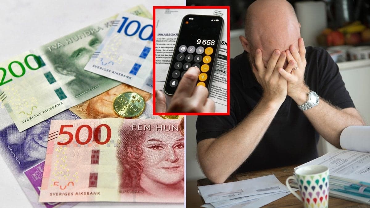 Pengar och person med ansiktet i händerna.