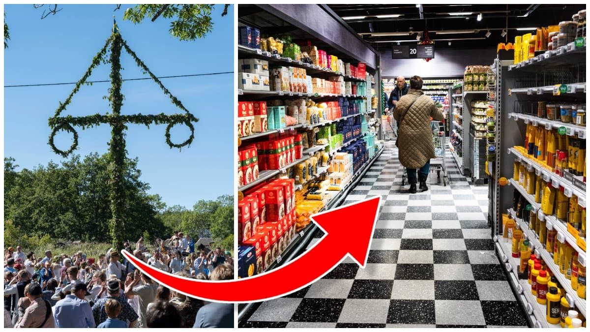 Dans runt en midsommarstång och personer som går omkring i en matbutik