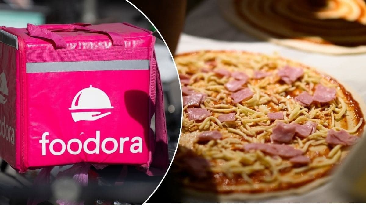 Bilder på pizza och ett foodora-bud.