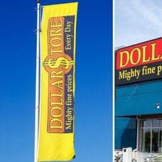 Bild på Dollarstores entré och en flagga.