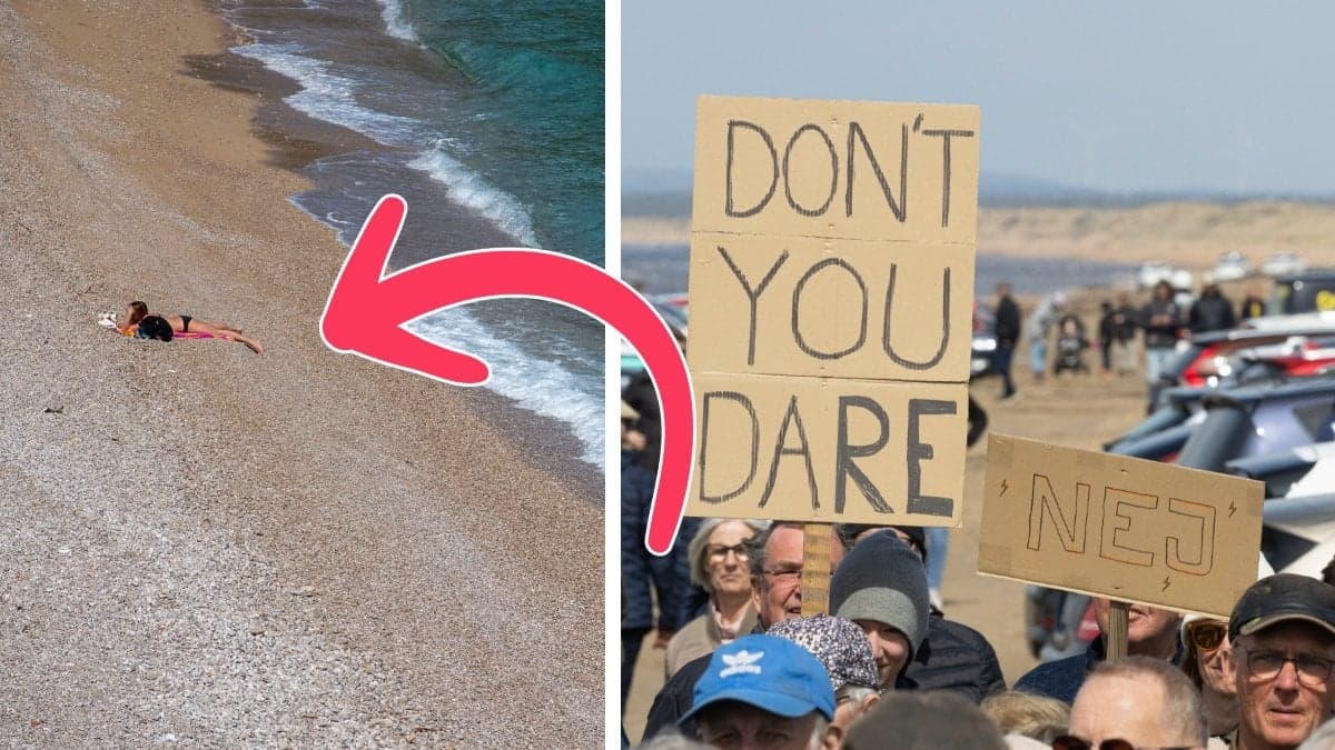 En kvinna solar ensam på en strand och folk som demonstrerar på en strand.