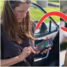 En kvinna med en mobil och en Android-telefon.