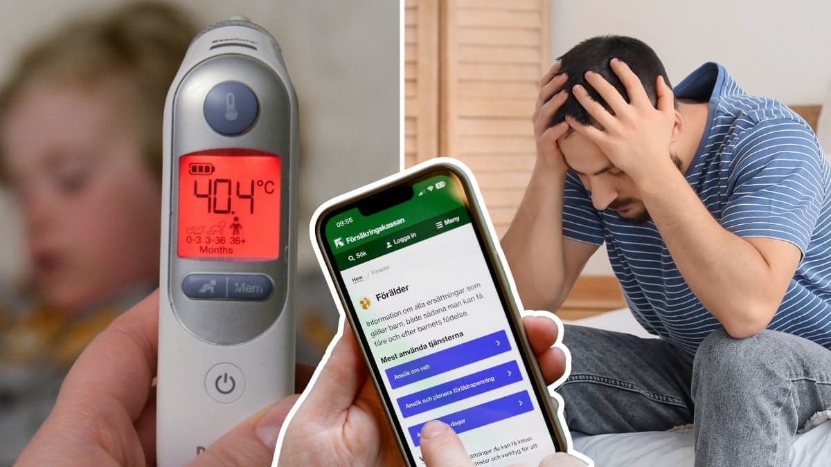 Sjukt barn, förälder och mobil med Försäkringskassans app.