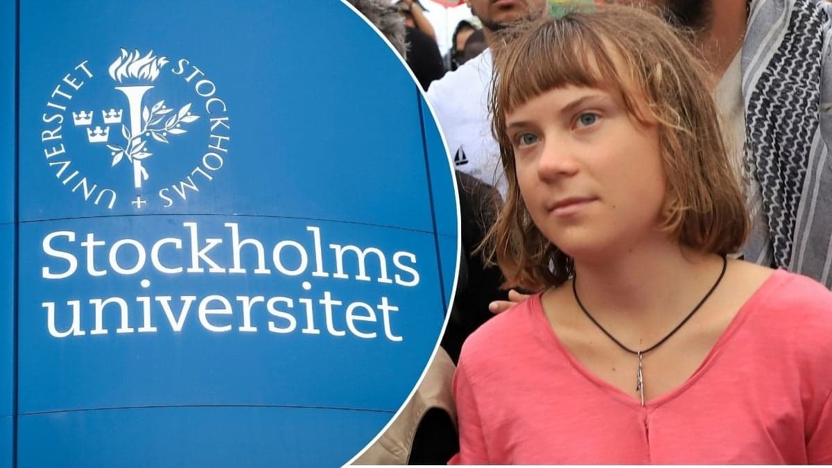 Bild på Greta Thunberg och Stockholms universitetsskylt.