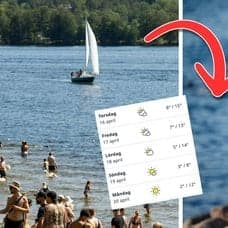 Badstrand, smhi:s väderprognos och en badring.