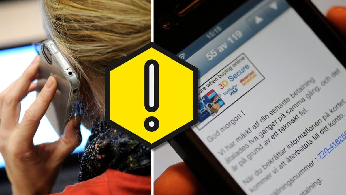 Bedrägeri ringer en dam och ett bluffmejl på mobiltelefon.