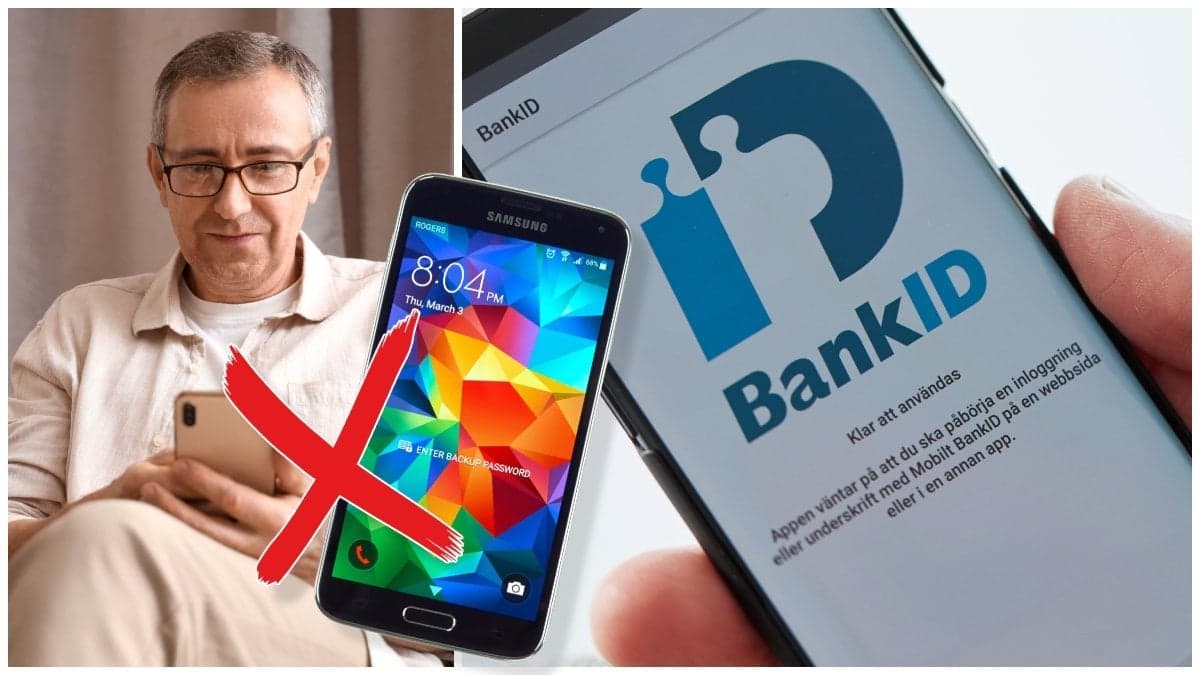 Man med mobiltelefon, en Samsung Galaxy S5 och BankID-appen