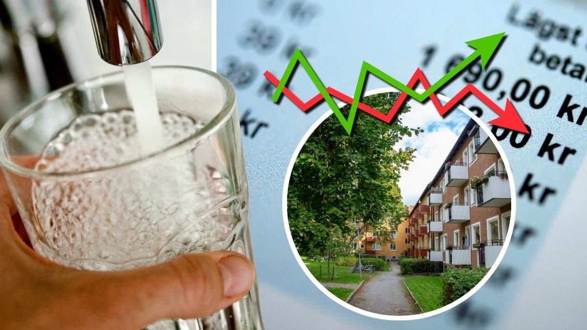 Ett glas som fylls med kranvatten, en räkning och ett bostadsområde i Sverige.