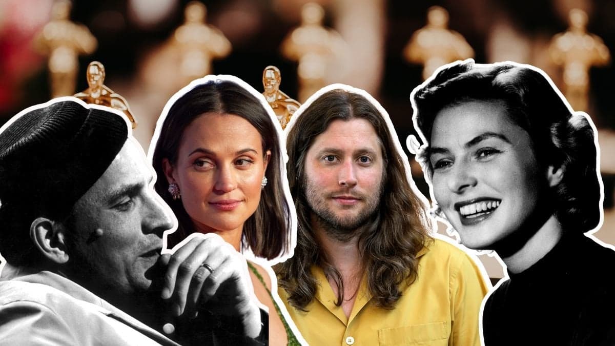 Ingmar Bergman vänster, därefter Alicia Vikander, Ludwig Göransson och Ingrid Bergman. Oscars-statyetter i bakgrunden.