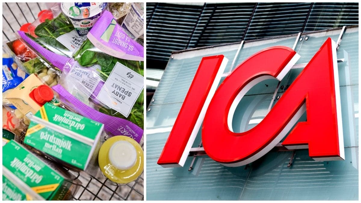 Matvaror i en kundvagn och Icas logotyp på en fasad