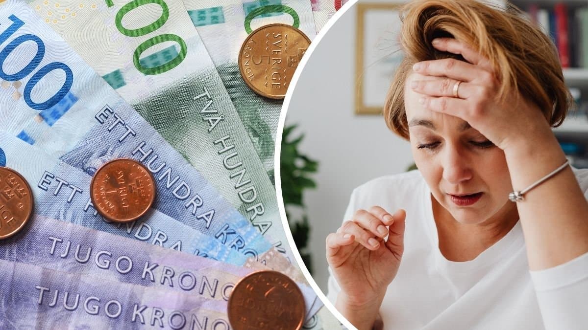 Svenska sedlar och bekymrad kvinna