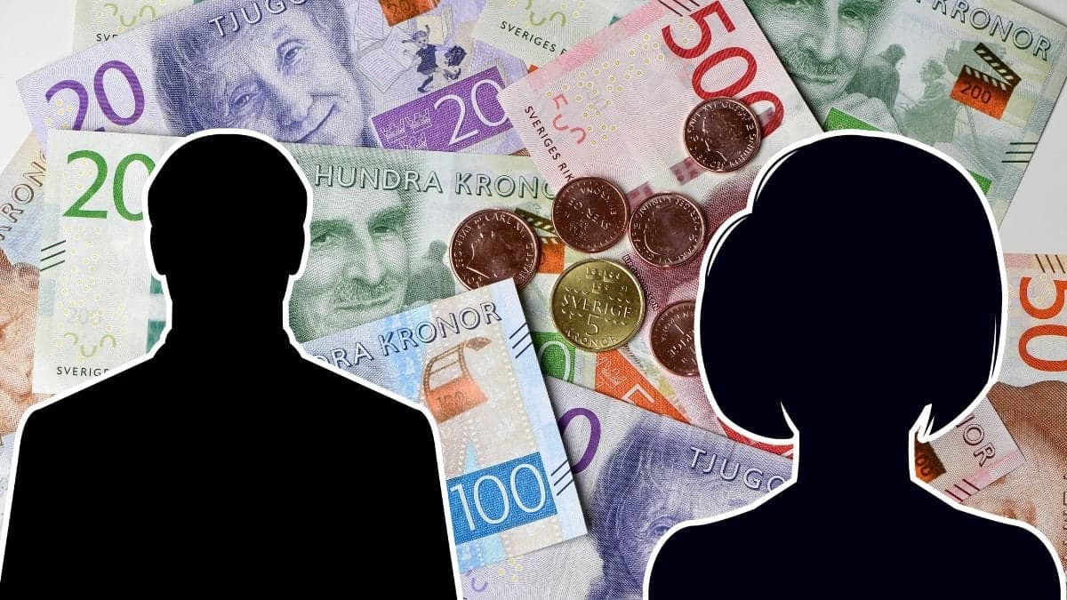 Pengar och siluett av en man och en kvinna.