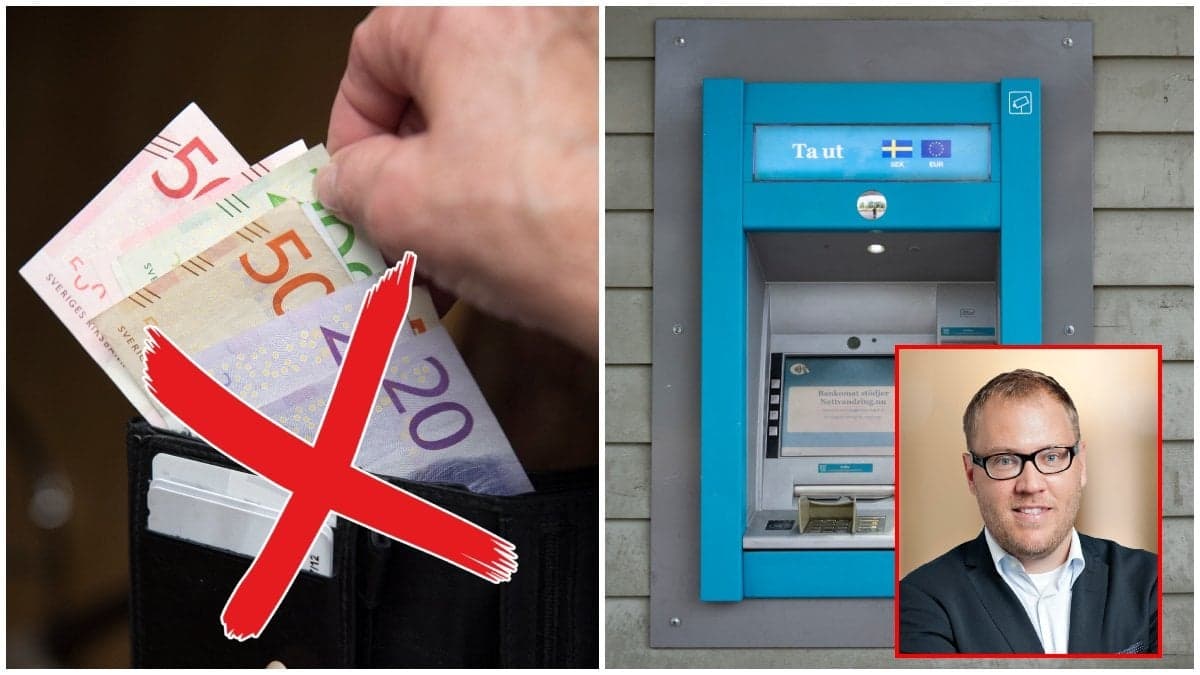 Plånbok med sedlar och en bankomat.