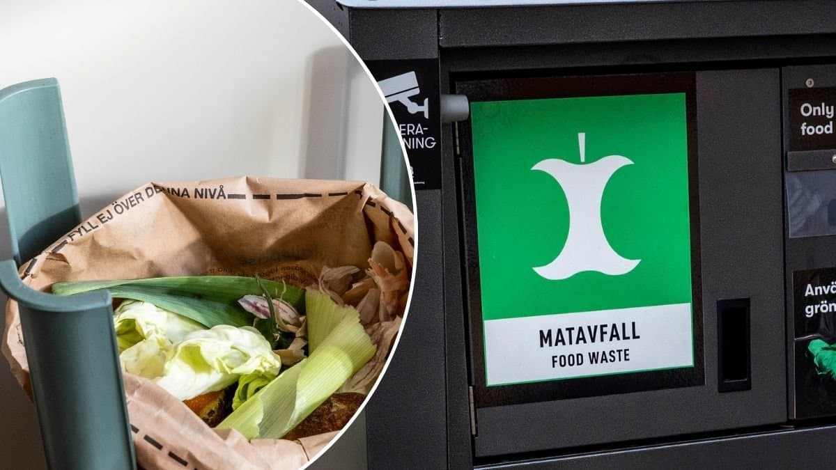 Bilder på ett matavfalls-nedkast och en matavfallspåse.