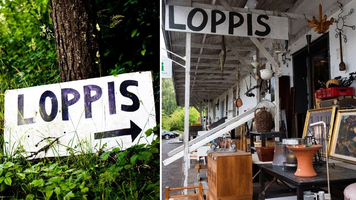 Bilder på loppisskyltar och en loppis.