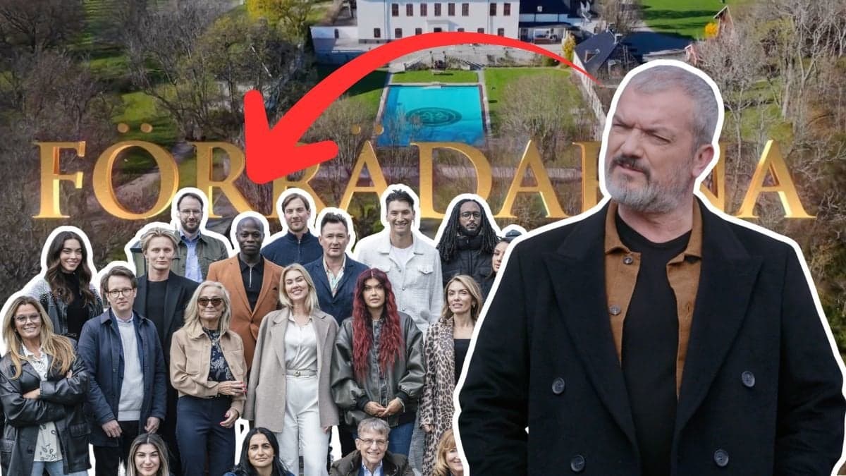 Deltagarna i Förrädarna 2025 och Dragomir Mrsic. I bakgrunden syns Häringe slott. 