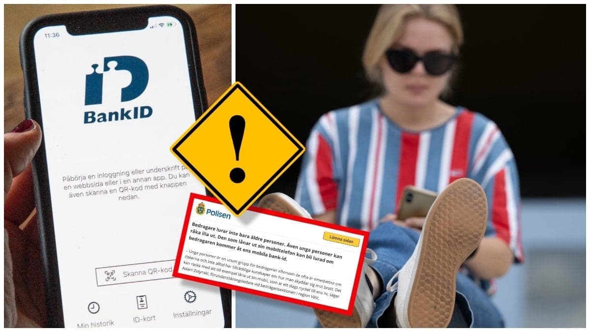 BankID-appen på en mobiltelefon och en ung kvinna med mobiltelefon