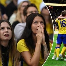 Bilder på supportrar och Sveriges landslag som vinner en fotbollsmatch.