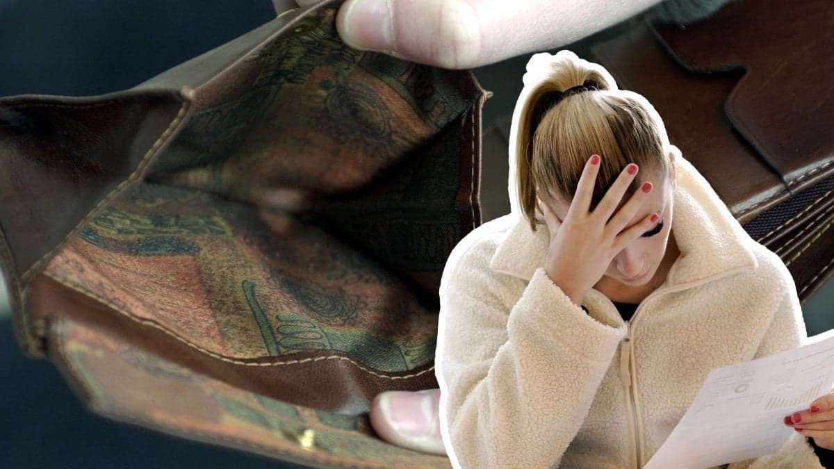 Tom plånbok och en kvinna med en räkning i handen.