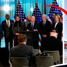 Senatorerna till vänster. Grönlands flagga till höger. En utklippt bild på Donald Trump till höger. En röd pil pekar på Donald Trump.