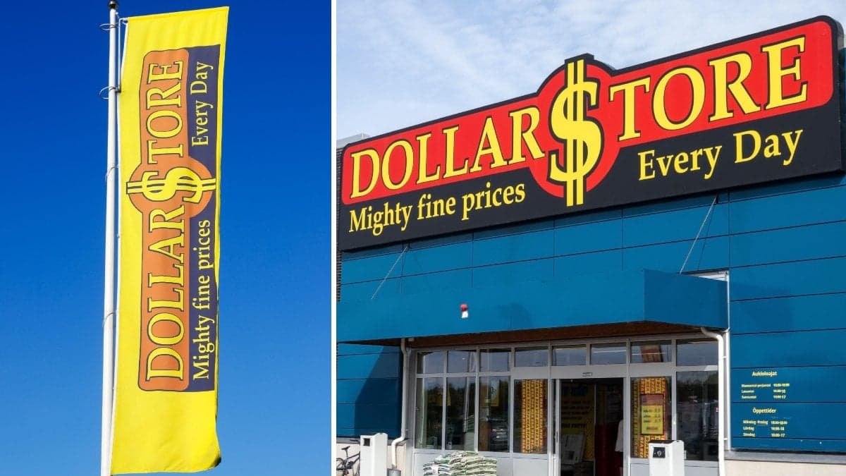 Bild på Dollarstores entré och en flagga.