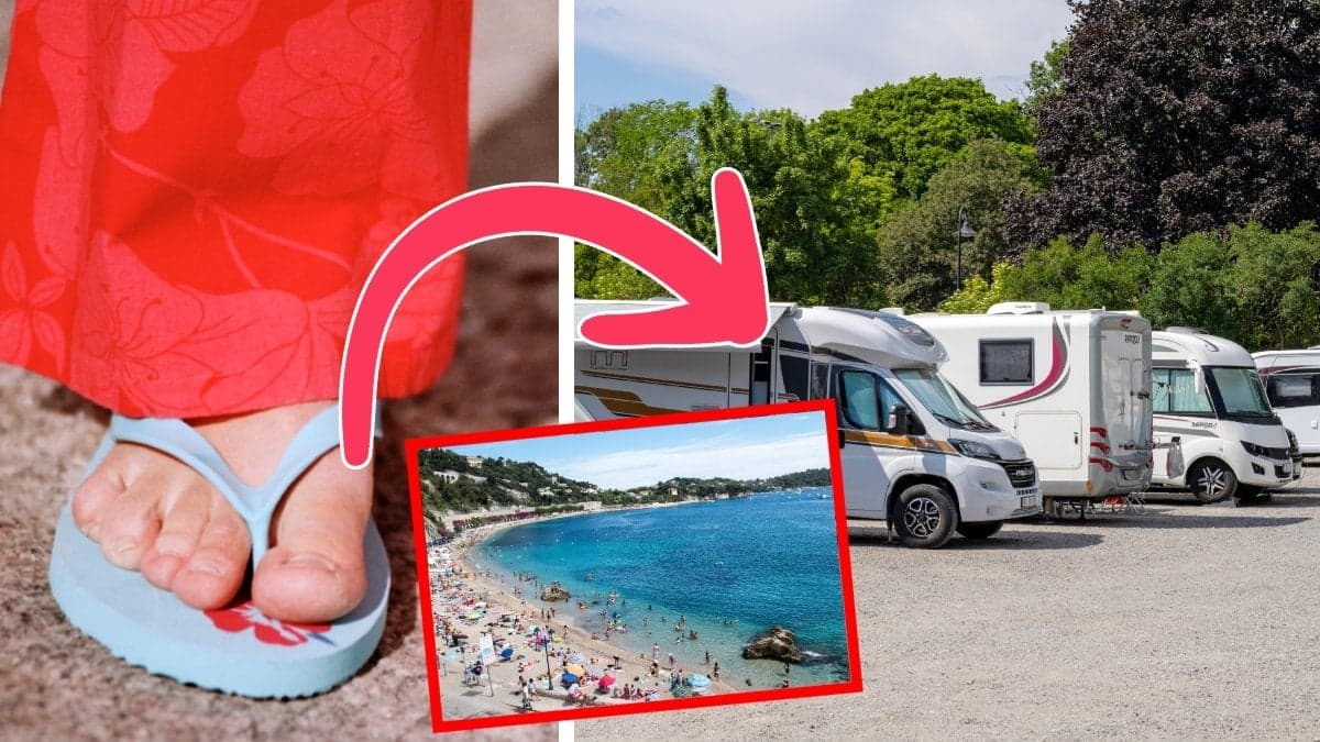 Bilden till vänster visar en fot med en flip-flop. Bilden i mitten visar en strand. Bilden till höger visar husbilar. 
