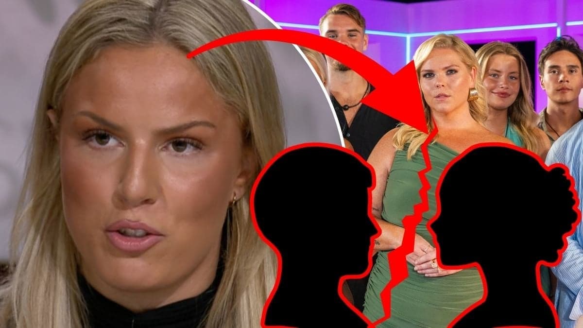 Perla Rainey Malmberg vänster, Love ISland deltagare höger. Siluett man och kvinna höger, bristning mellan dem. Röd pil pekar på siluetterna från bilden på Perla.